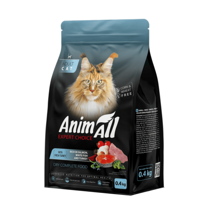 AnimAll сухий корм для дорослих котів з лососем, білою рибою та свіжою індичкою 0,4 кг