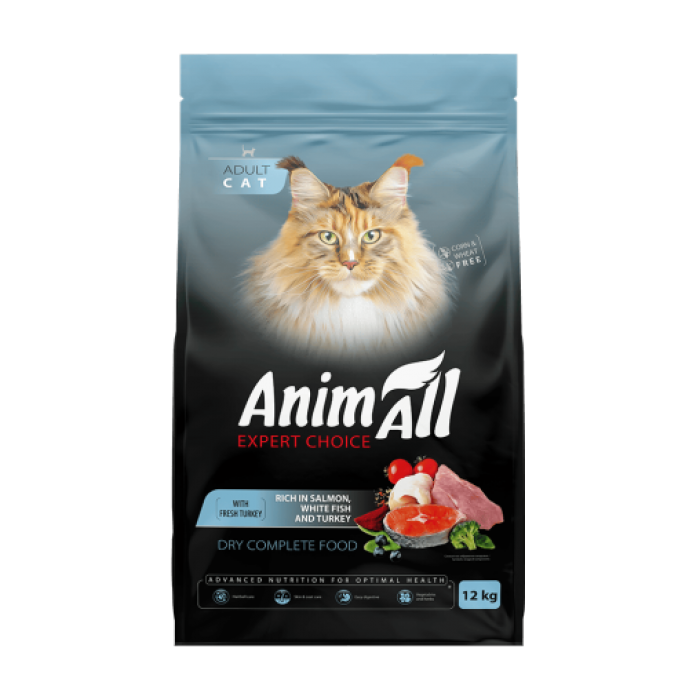 AnimAll сухий корм для дорослих котів з лососем, білою рибою та свіжою індичкою 12 кг