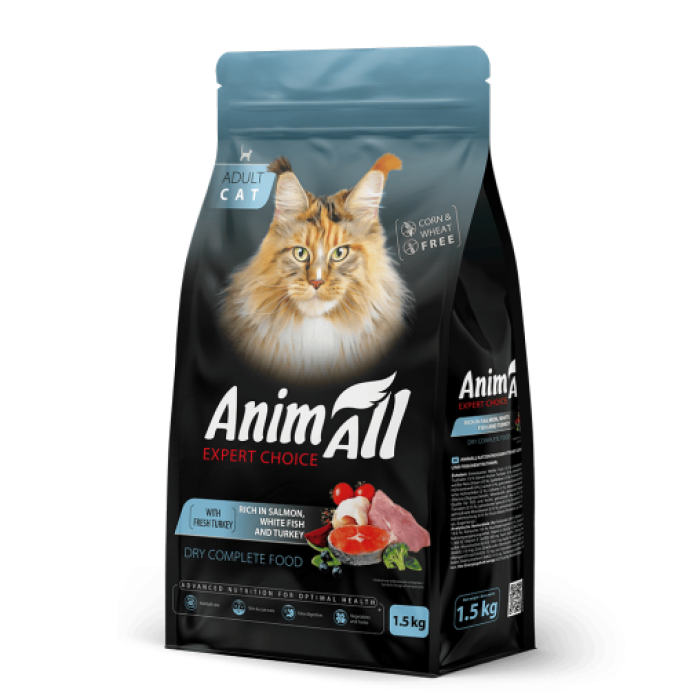 AnimAll сухий корм для дорослих котів з лососем, білою рибою та свіжою індичкою 1,5 кг