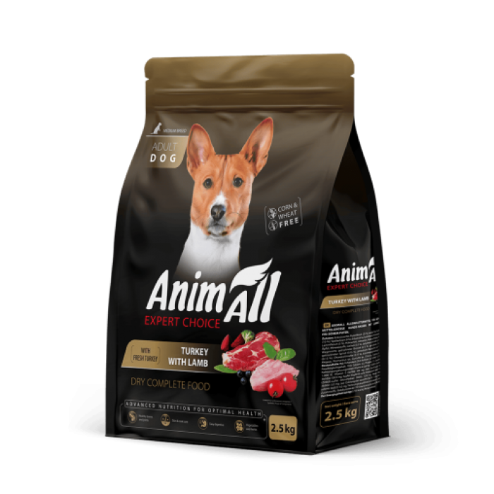 AnimAll сухой корм для взрослых собак средних пород со свежей индейкой и ягненком 2,5 кг