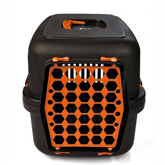 AGILITY Plast пластиковая переноска для кошек и собак до 12 кг (черно-оранжевая) 39х55х36,5 см