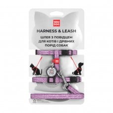 Collar WAUDOG Re-cotton шлея с поводком для котов и малых собак с QR-паспортом (фиолетовая) XS