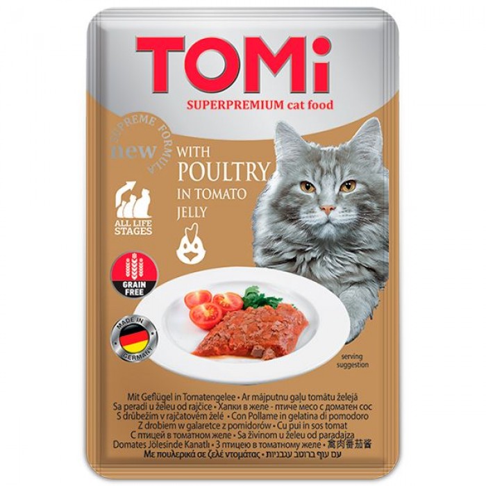 TOMI POULTRY IN TOMATO JELLY влажный корм для котов с птицей в томатном желе 100г*20шт