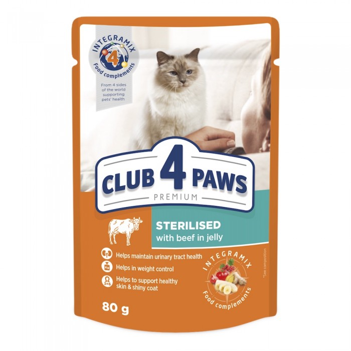 Club 4 Paws Premium Sterilised влажный корм для кошек с говядиной в желе 80г*24шт