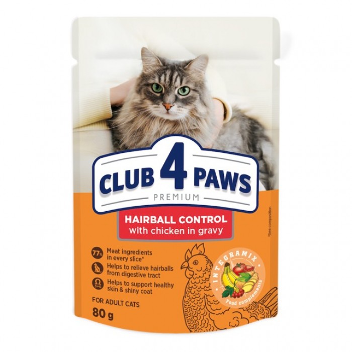 Club 4 Paws Premium Нairball Control влажный корм для кошек с курицей в соусе 80г*24шт