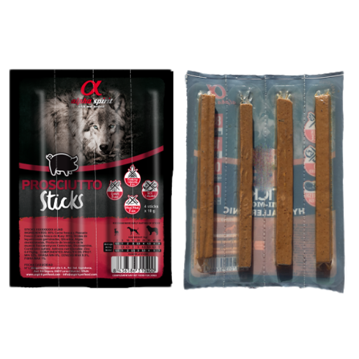 Alpha Spirit Dog Sticks Prosciutto полувлажные лакомства для собак из прошутто 4*10г (палочки)