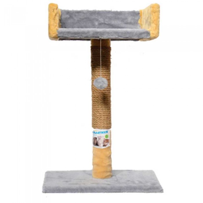 Пухнастики когтеточка для котов столбик с диваном (джут) серая с бежевым 30×33×50 см