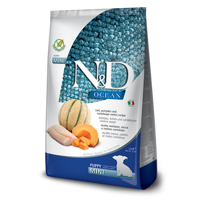 Farmina N&D Grain Free Ocean Cod PUPPY MINI сухой корм для щенков, беременных и кормящих собак с треской и дыней 7 кг