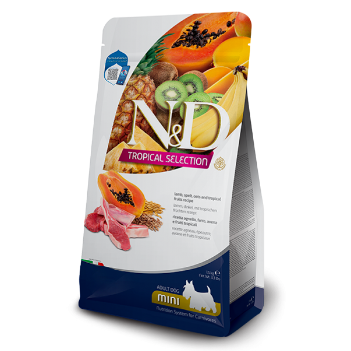 Farmina N&D Tropical Selection Dog Adult Mini Lamb, Spelt, Oats & Fruits для малых пород с ягненком, спельтой, овсом и тропическими фруктами 1,5 кг