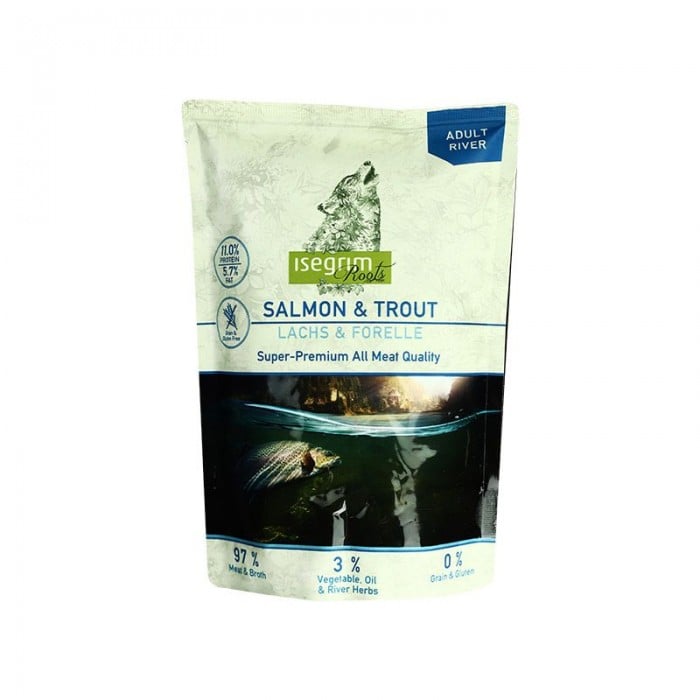 ISEGRIM Pouch Roots Salmon & Trout Лосось и форель с топинамбуром, сафлорованым маслом, травами 410г