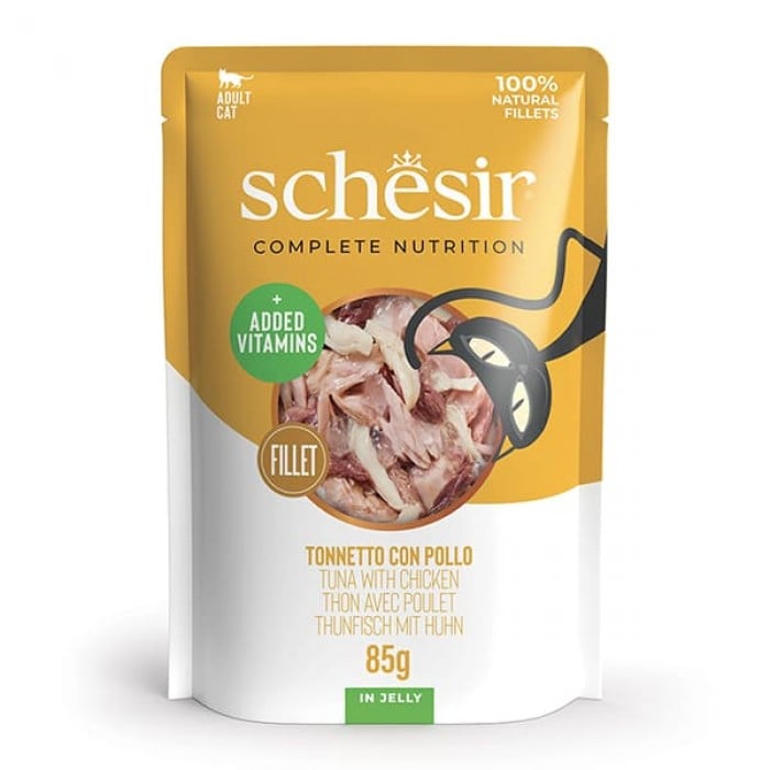 Schesir Tuna and Chicken вологий корм для дорослих котів з тунцем та курячим філе в желе 85 г
