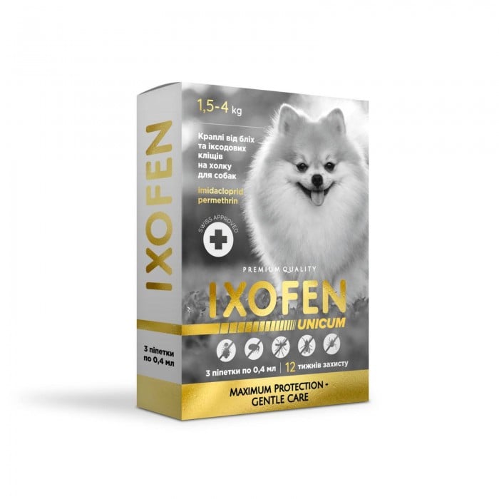 Unicum IXOFEN краплі від бліх, іксодових кліщів та комарів на холку для собак до 4кг (3 піпетки х 0,4 мл)