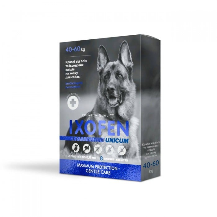 Unicum IXOFEN краплі від бліх, іксодових кліщів та комарів на холку для собак 40-60 кг (2 піпетки х 6 мл)